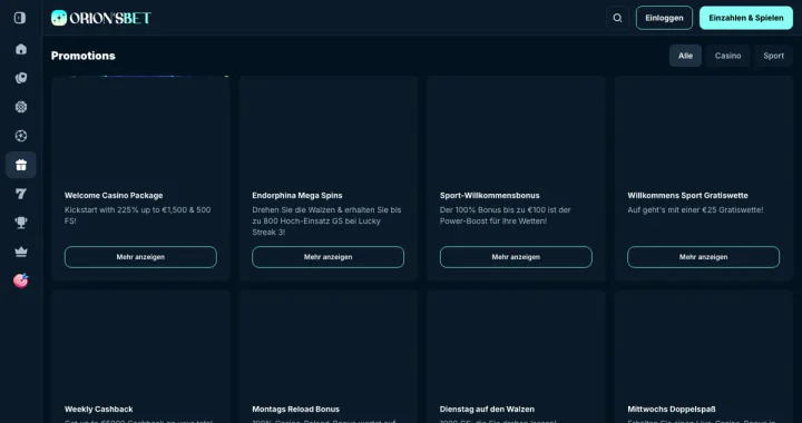 Bonusbereich auf der Website von orionsbet.io