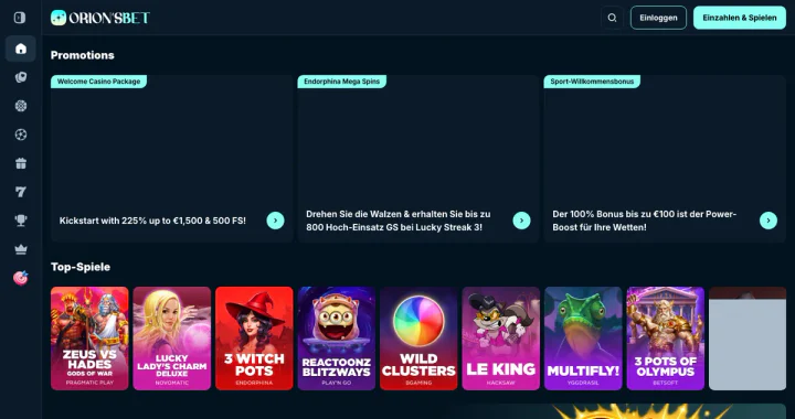 Casino-Lobby von orionsbet.io: Slots auf der Startseite